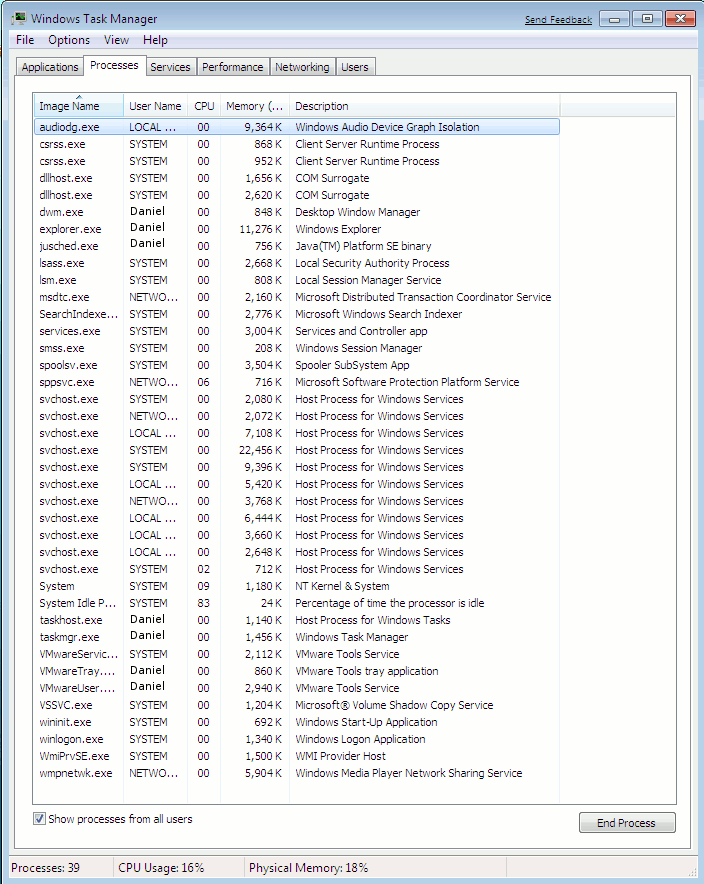 Windows running processes displayed in task manager